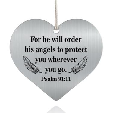 Imagem de XQLZY For He Will Order His Angels to Protect You Wherever You Go Amuleto de carro com espelho retrovisor de aço inoxidável, Salmo 91:11, presentes de versículo da Bíblia, presentes de anjo da guarda
