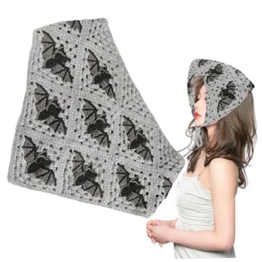 Imagem de Bandana de cabelo bandana gótica para o dia das bruxas, cachecol de crochê com alças triangulares, teia de aranha, vazado, respirável, padrão de morcego, cabelo de crochê (cinza)