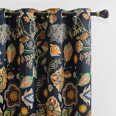 Imagem de Cortinas florais vintage azul-marinho 213 cm de comprimento, conjunto de 2 painéis para sala de estar, quarto, 100% blackout, cortinas modernas de meados do século, arte déco, estampa botânica