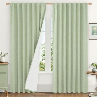 Imagem de LAMIT Cortinas 100% blackout de linho, 213 cm de comprimento, cortinas para sala de estar, casa de fazenda, painéis com aba traseira e bolso para varão com forro branco, 2 painéis, verde claro, 152 x