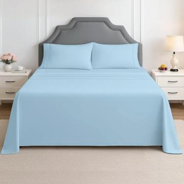 Imagem de Jogo de lençol para trailer, tamanho de caminhão 106 x 203 cm, azul claro sólido - serve em colchões de até 38 cm de profundidade, lençóis de cama de trailer de 4 peças para trailers, motorhomes e