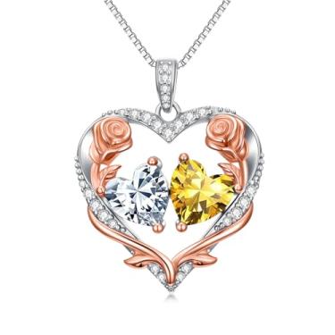 Imagem de Zoeniya Colar de coração rosa para mulheres banhado a ouro branco 18 k 12 meses com pedra do mês de nascimento, presente de aniversário e Natal para sua esposa, namorada, 25mm, base, Zircônia cúbica