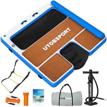 Imagem de Doca flutuante inflável de 2,5 x 2,3 m com rampa de água e rede de água, ilha flutuante/plataforma flutuante, superfície antiderrapante de grão de madeira, ideal para piscina, oceano, lagos (azul)