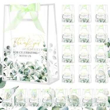 Imagem de Sweetude 20 sacos de presente de casamento com alças cortadas em matriz, folhas de eucalipto, sacos de presente de plástico transparente com fita para convidados, obrigado por comemorar conosco para