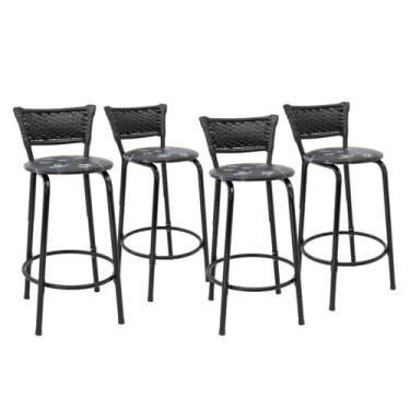 Imagem de Kit 4 Banquetas Para Bancada 60cm Preta Junco Preto Balcão Ilha Bistrô
