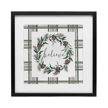 Imagem de Stupell Industries Believe Wreath on Green Plaid Black Framed Print Under Glass Design por Elizabeth Tyndall, 33 x 33