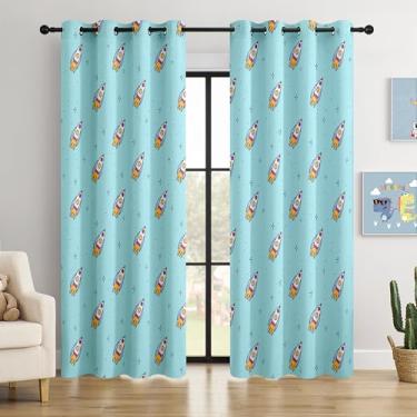 Imagem de BOHOMOCASA Cortinas blackout Kids Space Rockets - 100% blackout, isolamento térmico, redução de ruído, perfeitas para quarto de crianças e berçário, 2 painéis (Aqua Mini Rockets, L 52×C84)
