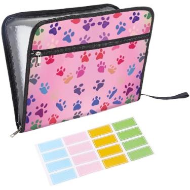 Imagem de CRASPIRE Pasta de arquivo expansível com 13 bolsos tamanho carta A4 bolsa com zíper rosa bonito impressão de pata organizador de documentos acordeão com etiquetas adesivas papéis expansível