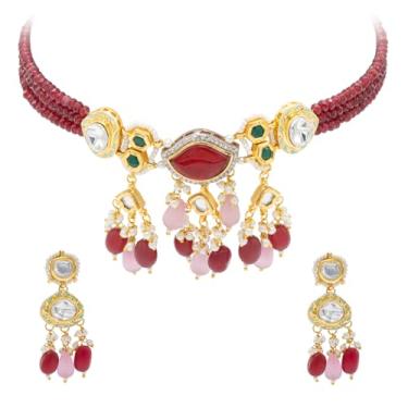 Imagem de Bodha Kundan multicolorido banhado a ouro, colar gargantilha com contas de pérola CZ com brincos maching, conjunto de joias para mulheres (SJN_300_P), 16, Latão, Sem Pedra Preciosa