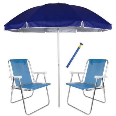 Imagem de Kit Praia 2 Cadeira Alta Sannet Alum + Guarda Sol 2,6m Alum Azul + Sac