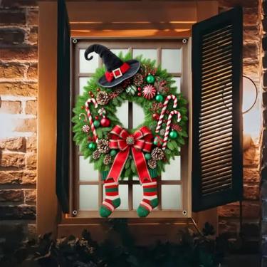 Imagem de BlissYard Capa de janela de Natal 78 x 128 cm, faixa de janela com guirlanda, chapéu de bruxa, bengala doce, meias de Natal, enfeites vermelhos e verdes, pinhas para ambientes internos e externos