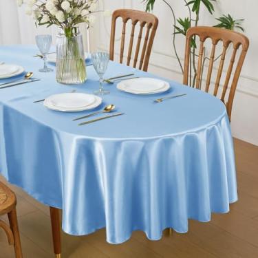 Imagem de Cobedzy Toalha de mesa oval de cetim azul claro 152 x 250 cm lavável para uso interno/externo, capa de mesa de tecido resistente a manchas para fazenda, jantar, cozinha, casamento, banquete, festa