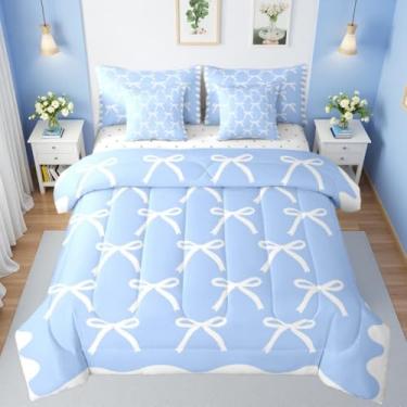 Imagem de Erosebridal Conjunto de edredom solteiro de princesa azul com 7 peças, aquarela e laço branco em uma bolsa, lindo conjunto de cama com laço e laço para crianças, meninos, meninas, simples, estética