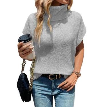 Imagem de Colete de suéter WDIRARA, gola alta, manga curta, feminino, cinza clar