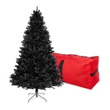 Imagem de Árvore de Natal preta de 1,8 m, árvore de Halloween artificial grande com 1000 pontas, dobradiças e base de metal, árvore de Natal de abeto premium, decoração de festa ao ar livre