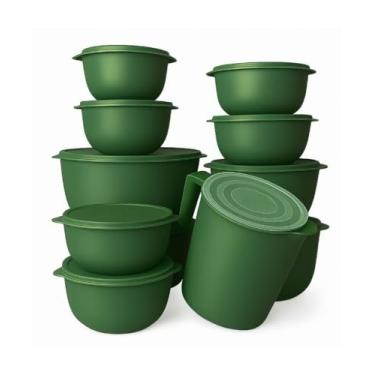 Imagem de Conjunto de 10 saladeiras ou 5 saladeiras + jarro de 1,8 litros Saladeiras de cozinha Recipientes plásticos para armazenamento de alimentos (5 potes + jarra verde oliva)