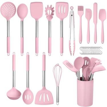 Imagem de HaWare Conjunto de utensílios de cozinha de silicone com 29 peças, resistente ao calor, com alça de aço inoxidável, conjuntos de espátulas com suporte e ganchos, utensílios de cozinha para panelas