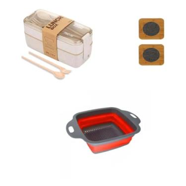 Imagem de Kit Pote Marmita Dupla Camada com Talher + Descanso de MAdeira Para Panela + Escorredor Alimentos Multiuso Dobrável