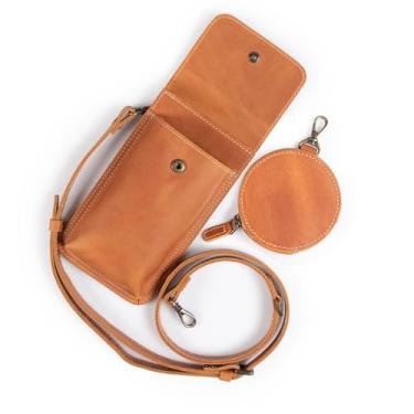 Imagem de Londo Bolsa de telefone de couro genuíno – carteira transversal versátil com suporte para cartão de crédito, bolsa para moedas e organizador protetor para smartphone (Camel)