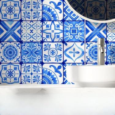 Imagem de Adesivo de Parede Azulejo Retrô 13 tons de azul para Cozinha e Banheiro, ladrilho hidráulico, lavável e fácil aplicação