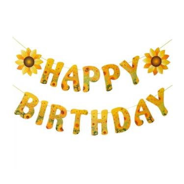 Imagem de SNFHWL Faixa amarela laranja de girassol feliz aniversário, decoração de festa com tema de girassol, acessórios para pendurar para bebês crianças, meninos, meninas, adultos, festa de aniversário
