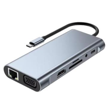 Imagem de HCUSR Estação de ancoragem 11 em 1 tipo-C para HDMI USB C adaptador multiporta com 4 portas USB, RJ45 100 MB, VGA, 4K 30Hz, cartão TF/SD, áudio de 3,5 mm, adaptador divisor de hub USB PD 100W para PC