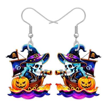 Imagem de DOWAY Brincos de caveira de pirata de acrílico, chapéu de bruxa assustador, abóbora e Halloween, joias de pirata, presentes de caveira para mulheres, acessórios de fantasia de Halloween, Medium