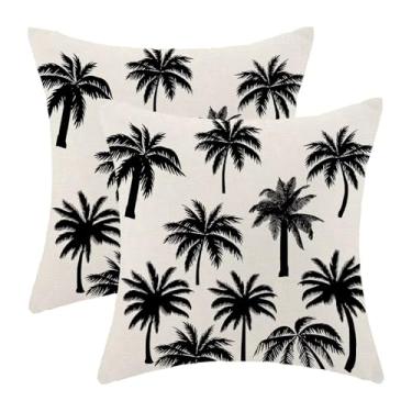 Imagem de Capas de almofada de palmeira 40,6 x 40,6 cm, conjunto de 2 capas de almofada tropicais vintage tropicais para o verão, capa de almofada decorativa para ambientes externos, preto e branco para sofá
