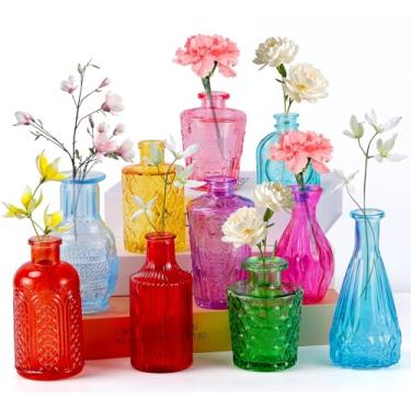 Imagem de Blcculi Conjunto de 10 vasos de vidro, mini vasos de flores a granel, vaso colorido vintage, vasos de vidro pequenos para centros de mesa, casamento, festas, decoração de recepção, decorações de mesa