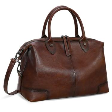 Imagem de HESHE Bolsa feminina de couro legítimo, bolsa de couro de grande capacidade, alça superior, bolsa médica vintage, Café