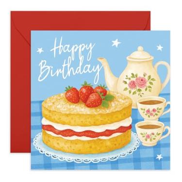 Imagem de CENTRAL 23 Cartão de aniversário feminino - Design de chá da tarde e bolo de morango - Saudação de estilo vintage fofo para mãe, namorada, avó, tia, esposa, irmã, cunhada, ela, senhoras - Vem com