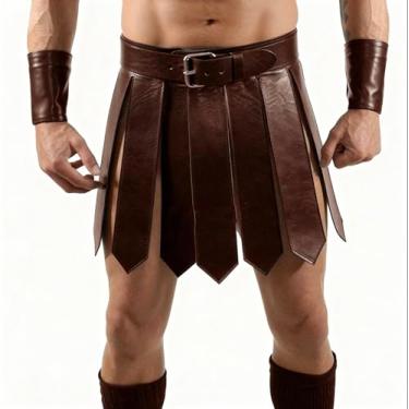 Imagem de Saia masculina de couro sintético para fantasia de gladiador romano medieval armadura guerreira Kilt saia com cinto para festa de cosplay de Halloween (marrom, tamanho único)