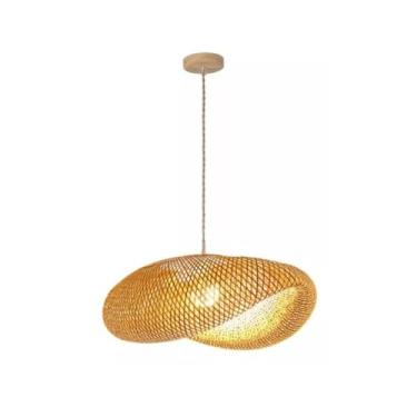 Imagem de Pendente Borneu 50cm em Fibra de Bambu Natural GMH Trade – Design Artesanal, Canopla de Madeira e Cabo 1,50m