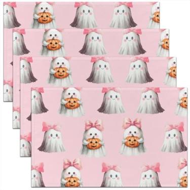 Imagem de Jogo americano de fantasma de desenho kawaii, laço fofo, tapete de mesa com laço, lanterna de abóbora, divertido, gótico, 45,7 x 30,5 x 4, rosa claro para decoração de quarto estética