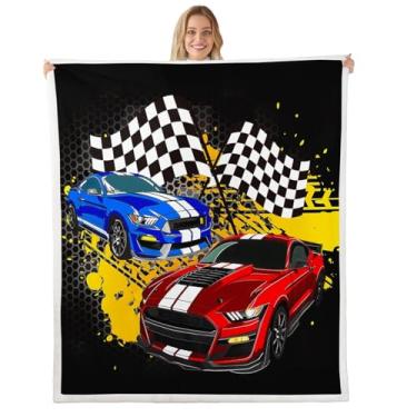 Imagem de Homewish Cobertor felpudo para carro esportivo, tamanho bebê, carros de corrida, vermelho e azul, estampa de esportes radicais, cobertor para sofá de sofá, bandeira preta e branca, cobertor de lã de