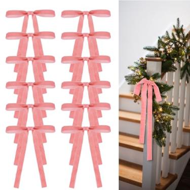 Imagem de Glitinsel 24 peças de laços de veludo, enfeites de árvore de Natal, laços de fita de veludo vintage para guirlanda de árvores, decoração de Natal de Halloween (22 x 33 cm, largura de 2,5 cm, rosa