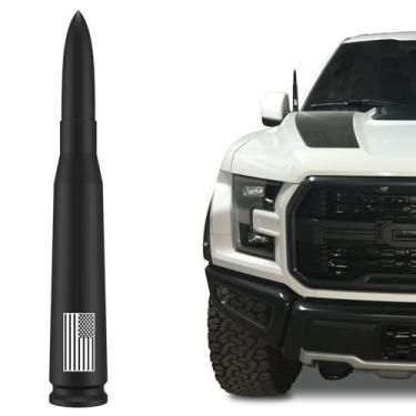 Imagem de Antena Bullet de caminhão de carro para Ford F150 F250 F350 Raptor Dodge RAM GMC Sierra Chevy Silverado 1500 2500 3500 - Design antirroubo e bandeira americana com tampas de haste de pneu, preto fosco