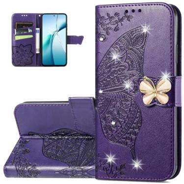 Imagem de Dinglijia Capa carteira para Motorola Moto Edge 60 Fusion, capa de couro PU padrão borboleta com fecho magnético e compartimentos para cartão de dinheiro coldre para Moto Edge 60 Fusion, strass roxo
