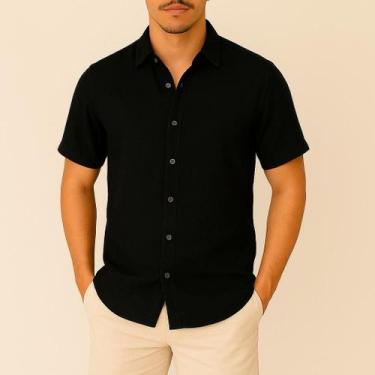 Imagem de Camisa de Linho Manga curta Verão Social Fresca Gola Italiana Elegante