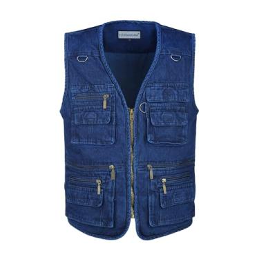 Imagem de LUSI MADAM Colete masculino jeans com vários bolsos, lazer, trabalho, pesca, agasalho