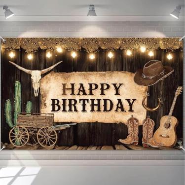 Imagem de HOMETITUTE Bandeira de feliz aniversário ocidental chapéu de cowboy rústico botas de guitarra carroça cacto crânio pano de fundo de madeira decoração de evento de feriado faixa de aniversário festa