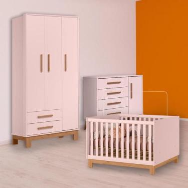 Imagem de Berço Mini Cama Slim, Cômoda Sapateira e Guarda Roupa Rosa - Qmovi