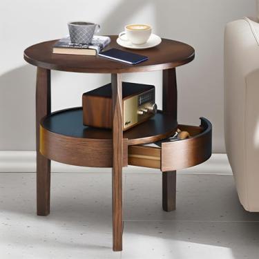 Imagem de Mesa de centro redonda com gaveta oculta – Mesa lateral pequena de madeira natural com gaveta, mesa de canto retrô rústica de 2 andares com armazenamento, mesa de centro pequena marrom para sala de