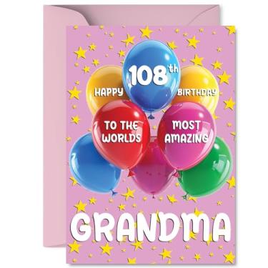 Imagem de Cartão de aniversário de 108 anos da avó - Os mais incríveis do mundo - Cartão de feliz aniversário para avó de 108 anos de idade do neto, balões A5 e cartões comemorativos de aniversário de estrelas