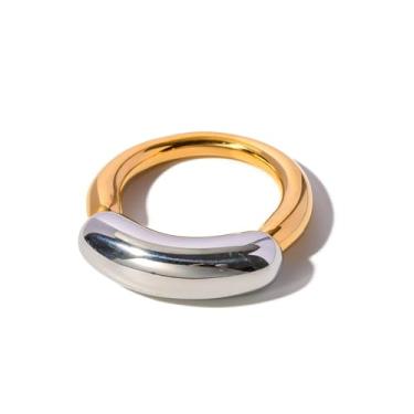 Imagem de LadayPoa Anel de dois tons, alianças simples de ouro e prata, anel de metal misto de 3 mm para mulheres, anéis empilháveis minimalistas de aço inoxidável joias empilháveis chiques, Aço inoxidável, Sem