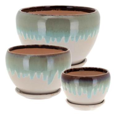 Imagem de Kit Cachepô Vaso Decorativo Para Planta Cerâmica Azul 3 Peça - HOMECO,