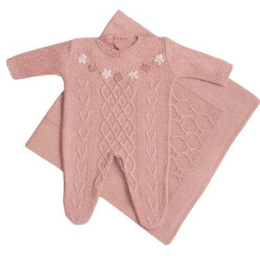 Imagem de Saída Maternidade de Tricot Luxo Macacão e Manta Bebê Menina
