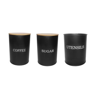 Imagem de Pote Cafe Açucar Porta Utensilios Aço Preto Bambu Lata 3un