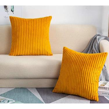 Imagem de TangDepot, conjunto de 2 capas de almofada decorativas de veludo macio listradas grandes de veludo de veludo sólido Art déco 14"x14" 2 Pieces A45 Deep Yellow