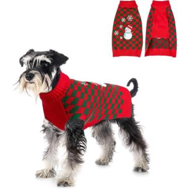 Imagem de Suéter de Natal para cães com gola rolê xadrez e roupas clássicas vermelhas de inverno para filhotes de gato (homem de neve, pequeno)